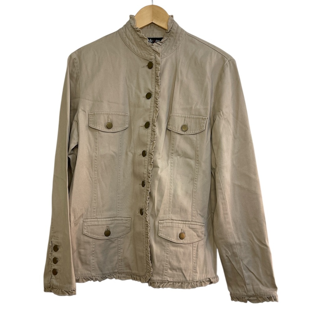 Style & Co Khaki Button-Up Jacket with Ruffle Trim, Size Large